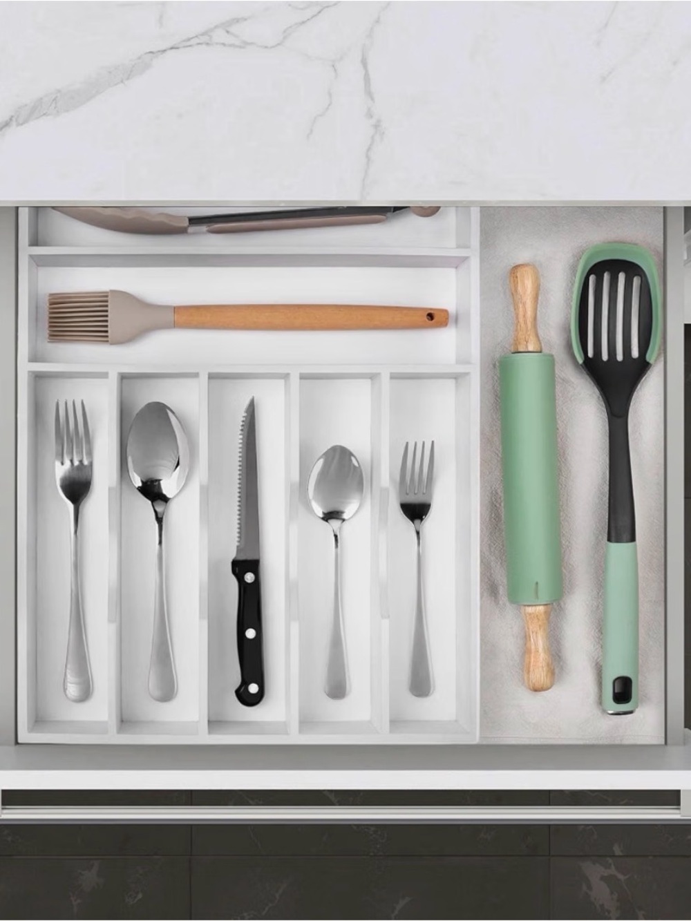 Bamboo Drawer Organizer 7-Slot Silverware Tray | White | New in Box 🤍 - Picture 8 of 9